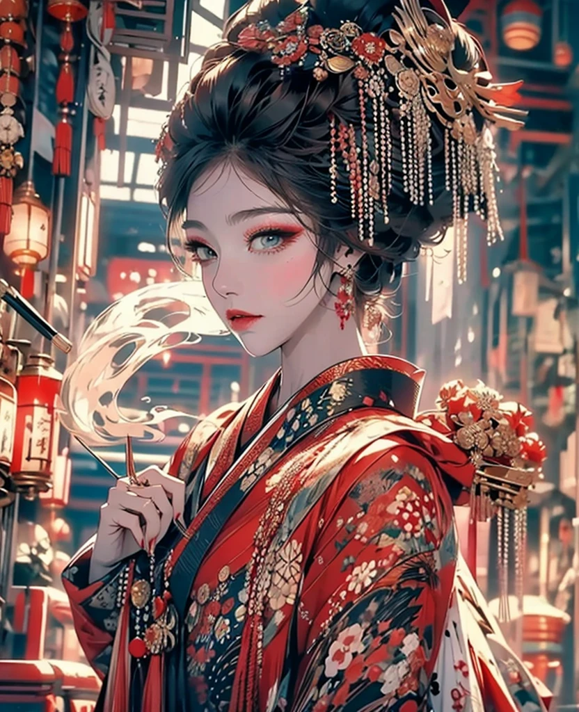 8k,close to viewerclose to viewer,god々A beautifully and gorgeously decorated courtesan,Black Japanese clothing,luxurious makeup,(Gorgeous black and red costume:1.2),(Oiran hair ornament,Big Barrel),(Smoke pipe),Osaka Castle seen in the distance,Courtesan Procession,Night scenery with lanterns lined up,Dynamic movement and powerful brushstrokes、Drawing strokes drawn with rot ring 0,