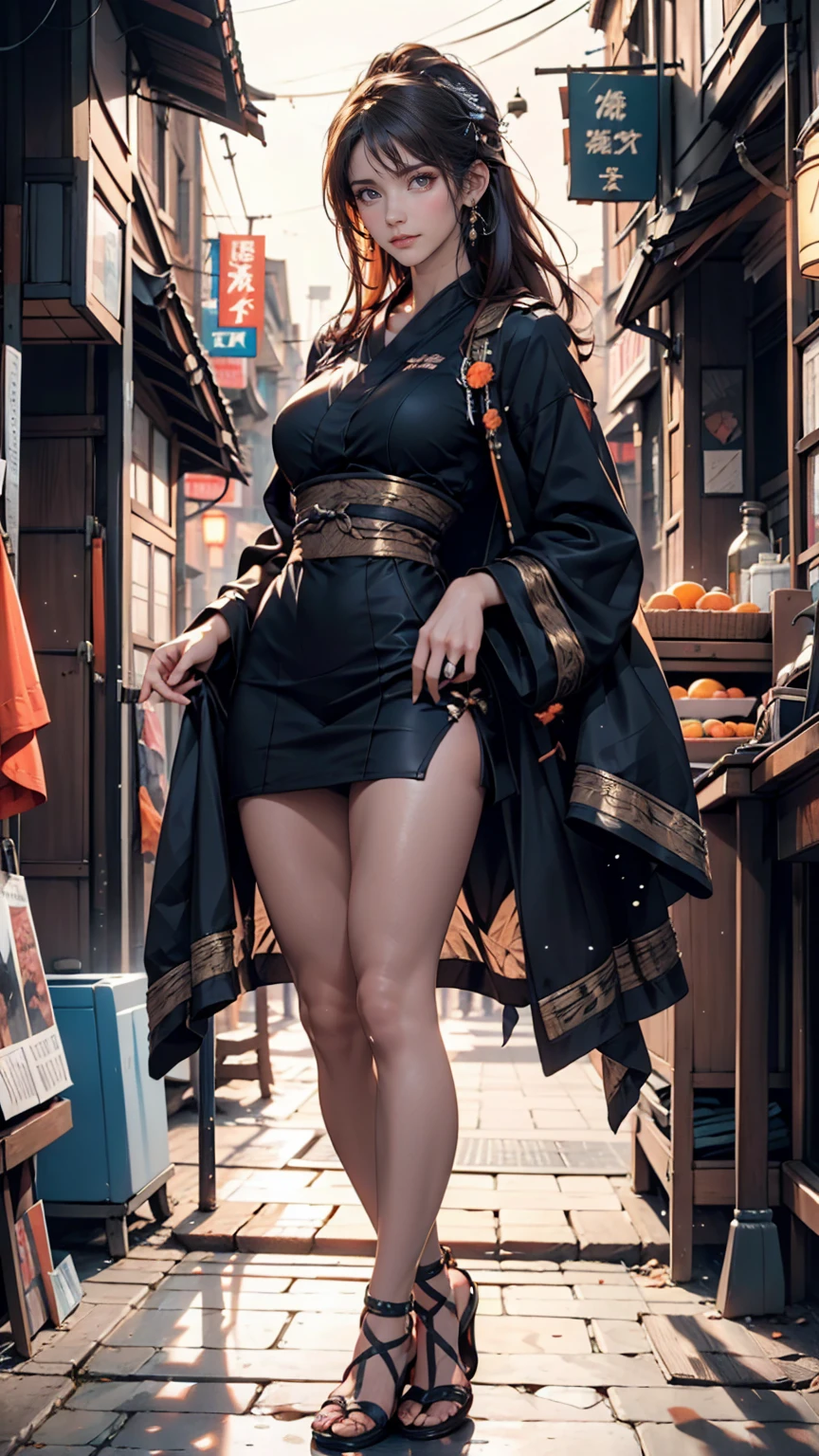 Dim orange moonlight,Dim orange neon lighting,night,Beautiful woman in uniform in the bustling city of Gintama, Surrounded by sellers, Beautiful portrait of a stunning goddess girl, Beautifully detailed face, Porcelain-like skin, Full Body Shot, Centered, Super soft lighting, Symmetric, Complex, elegant, Very detailed, Realistic, Art Station, Concept Art, Smooth, Imagined by Greg Rutkowski and Boris Vallejo, cover, Trendy style、Lace-up sandals