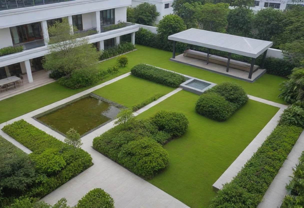 landscap park modern near beach, center water music, road, plant, grass