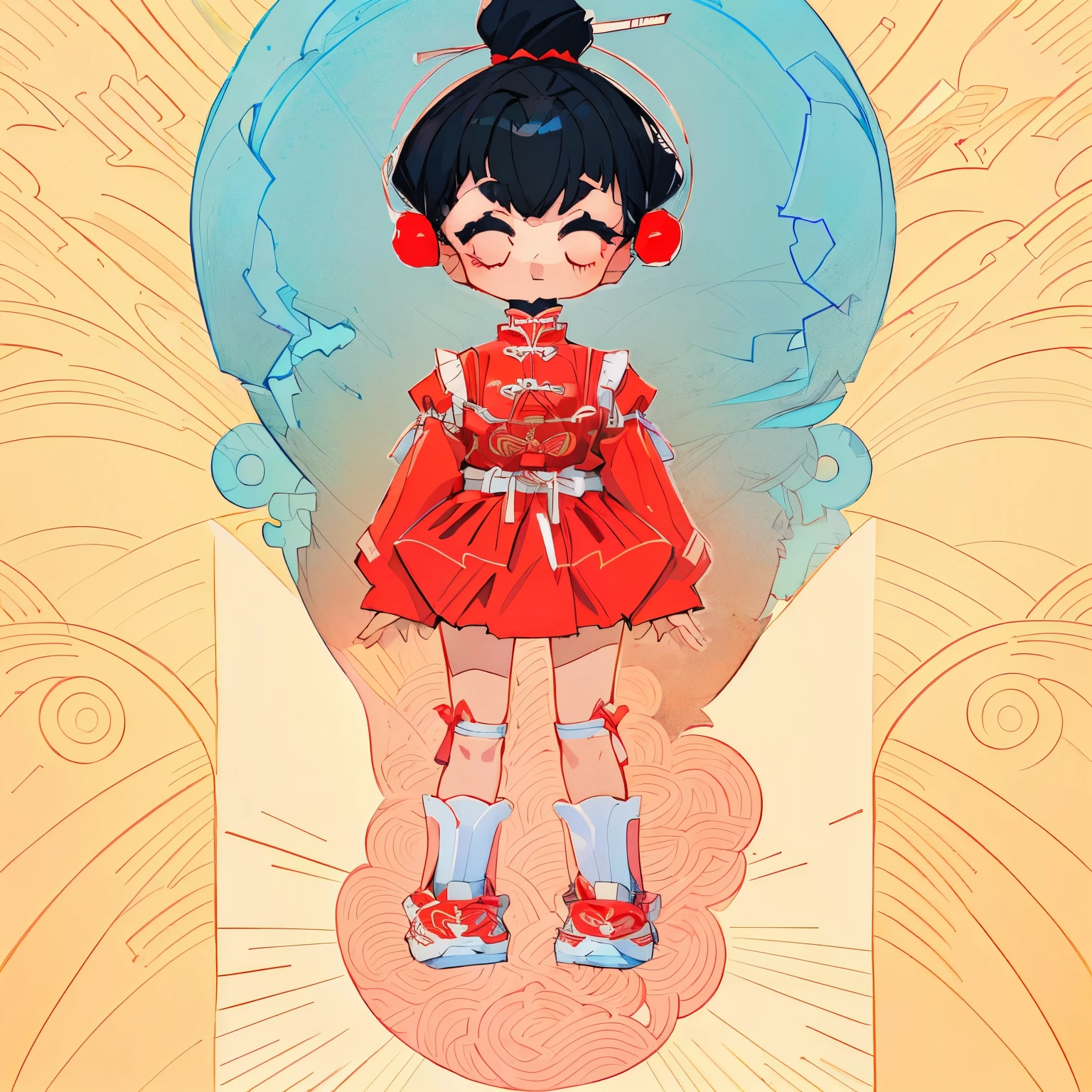 drawing of girl in skirt, Contour, Outline Sketch, Clear anime silhouette, Clear clothing design, Short full body portrait!, Complete body, Whole body concept, Full body character drawing, Single character full body, clean Line Art, Full body pictures, Full body clothing, Line Art, simple Line Art, Full body character,black hair red skirt,Chinese style skirt with paper-cut pattern
