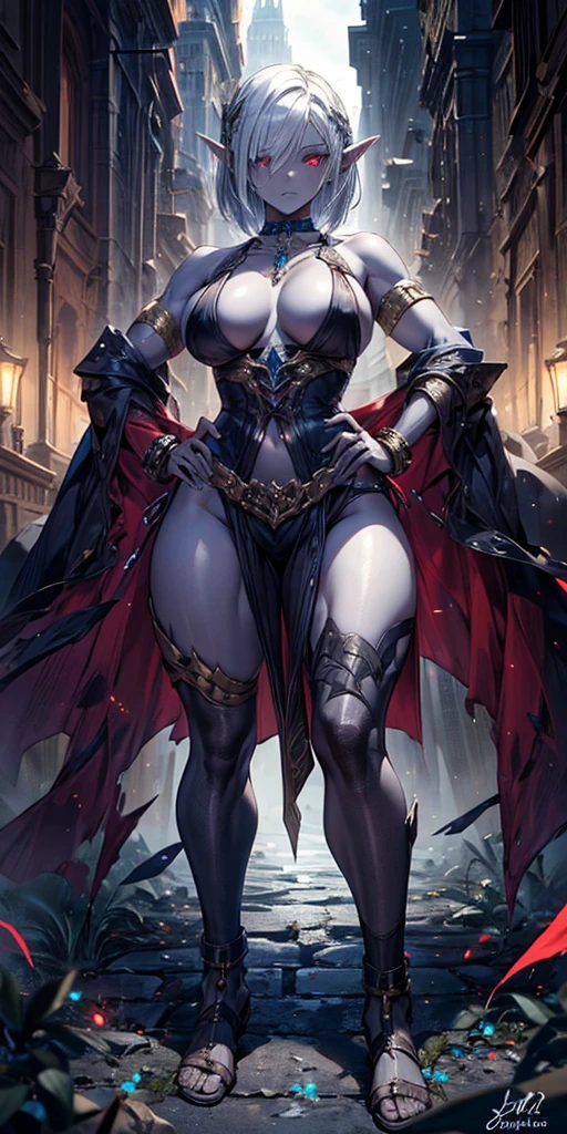 Organized Description
Subject
Female drow elf: Elven character with dark skin
Muscular physique: Strong and toned body
Physical Appearance
White short bob hair: Contrasting with skin tone
Purple-grey skin: Uncommon and striking skin color
Red eyes: Intense and captivating gaze
Muscular legs: Strong and defined lower body
Leather corset and collar choker: Edgy and dominant attire
Golden neck bell: Ornamental and intriguing accessory
Shackles, wristbands, bracers, bracelets, sleeves: Layered and decorative elements
Micro bikini: Revealing and provocative clothing
Pose and Composition
Symmetrical: Balanced and harmonious posture full body
Both hands on hips: Confident and assertive stance
Wide hips: Emphasized feminine curves
View from below: Creates a powerful and dominant perspective
Background and Style
Grey plain background: Focuses attention on the subject
Masterpiece quality: High level of detail and artistry