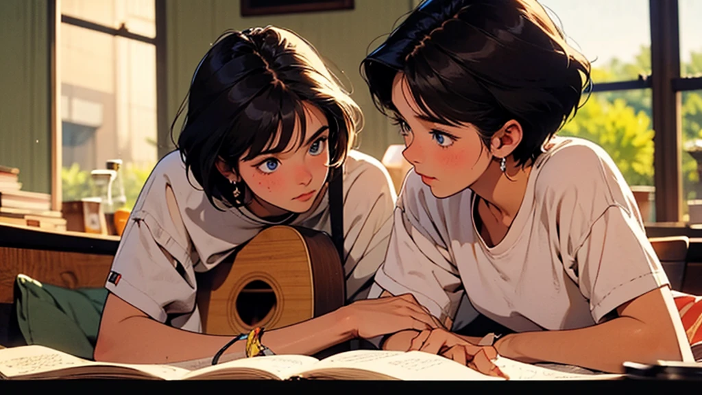 Style: 80s anime style, ultra-high resolution, super detailed, perfect lighting. Main Character: A girl with short hair, blue eyes, and a small, rounded nose. She is facing forward with her face and torso aligned forward. Accessory: The girl is holding and playing a guitar. Setting: The scene is set in a bedroom with a window. Sunlight is coming through the window, illuminating the scene. Action: The girl is looking at the guitar while her hands are playing it. Additional Details: The background shows landscapes visible through the window.