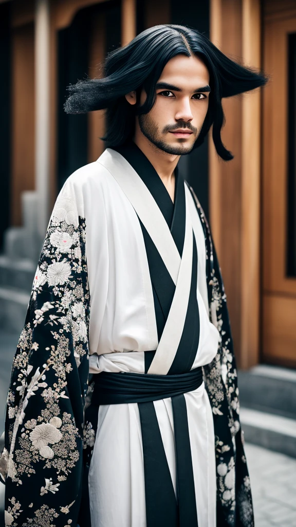 A boy with long white hair with black tips, your eyes are black, black rays, Caucasian skin, and wearing a male kimono,