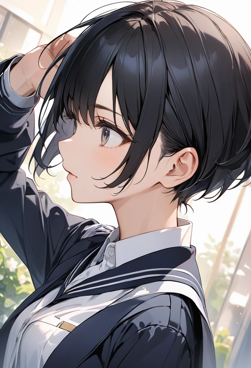 high school girl、Japanese、Black Hair、Shortcuts、Wearing a uniform、Beautiful、boyish、cool、