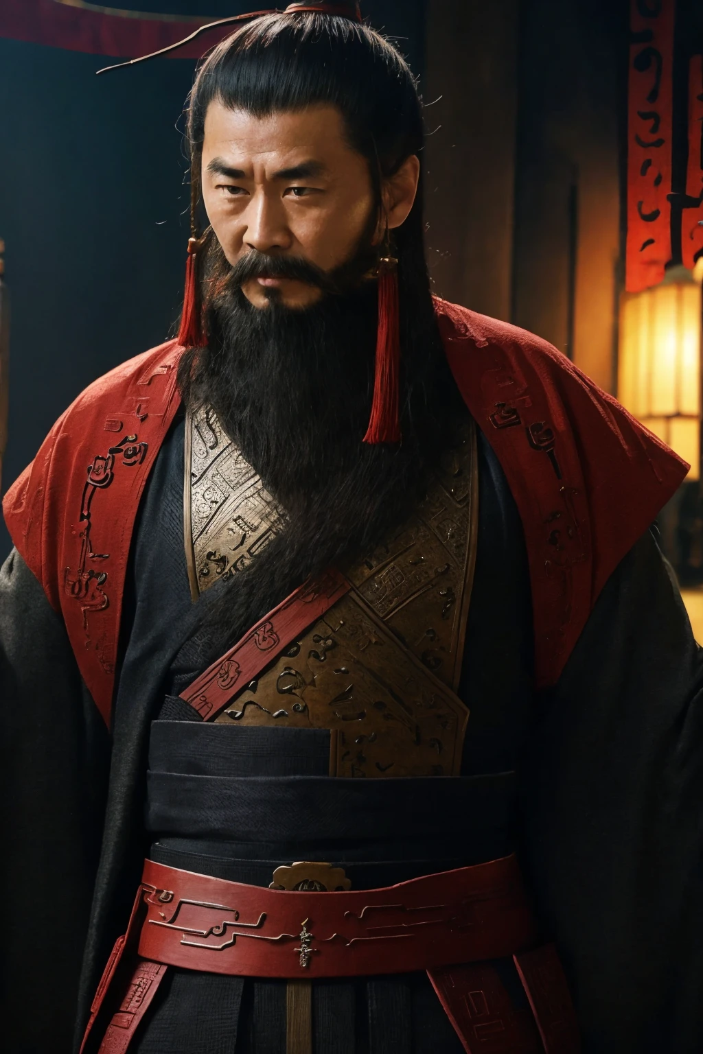 oriental-like、a adult man wearing ancient Chinese armor、Yuanyou Guan (Yuanyouguan), ancient chinese hairstyle、 (((view to the viewer))), three kingdoms、top-quality、​masterpiece、超A high resolution、(Photorealsitic:1.4)、Game Posters、Black clothes、long beard, inspired by caocao,