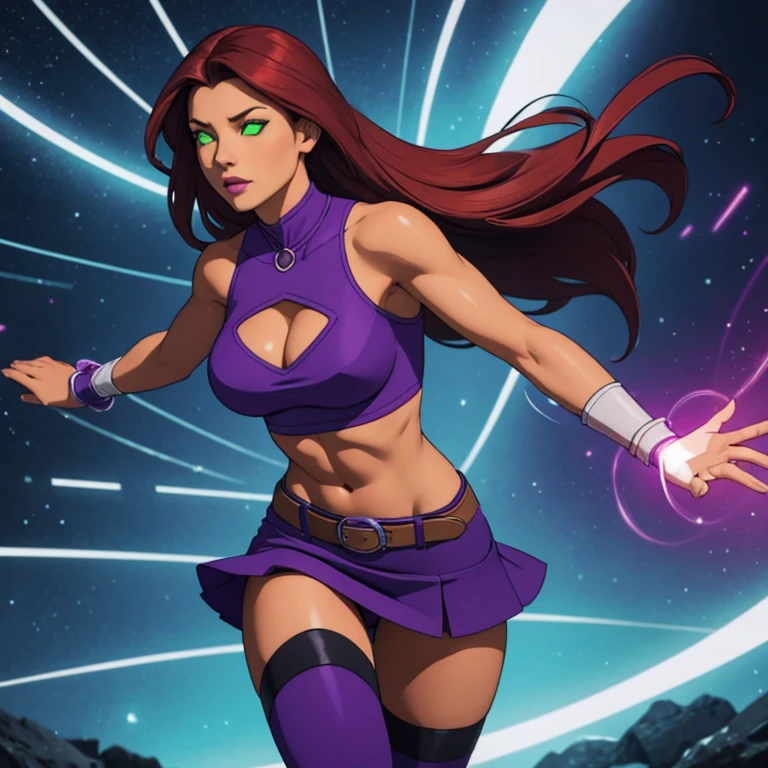 Photorealistic, Ultra realistic, 16k, high quality, cinematic lights, dream atmosphere, dream aesthetic, 1girl, red-scarlet hair, (realistic silky hair), StarfireDC, glowing green eyes (shining), long flowing hair(red), tanned skin illuminated, realistic textured skin, realistic shading, glowing eyes tan skin, cleavage, large natural breasts, (purple crop top:1.2), bare shoulders, midriff, purple miniskirt, purple thighhighs, realistic textures, belt, 16k resolution, detailed face and eyes, muscular female body, strong arms, lean belly, strong hips, muscular thighs, thick legs, full body, realistic, flying through the air, glowing balls of energy in her hands, style-paintmagic, different positions at different types of angles.