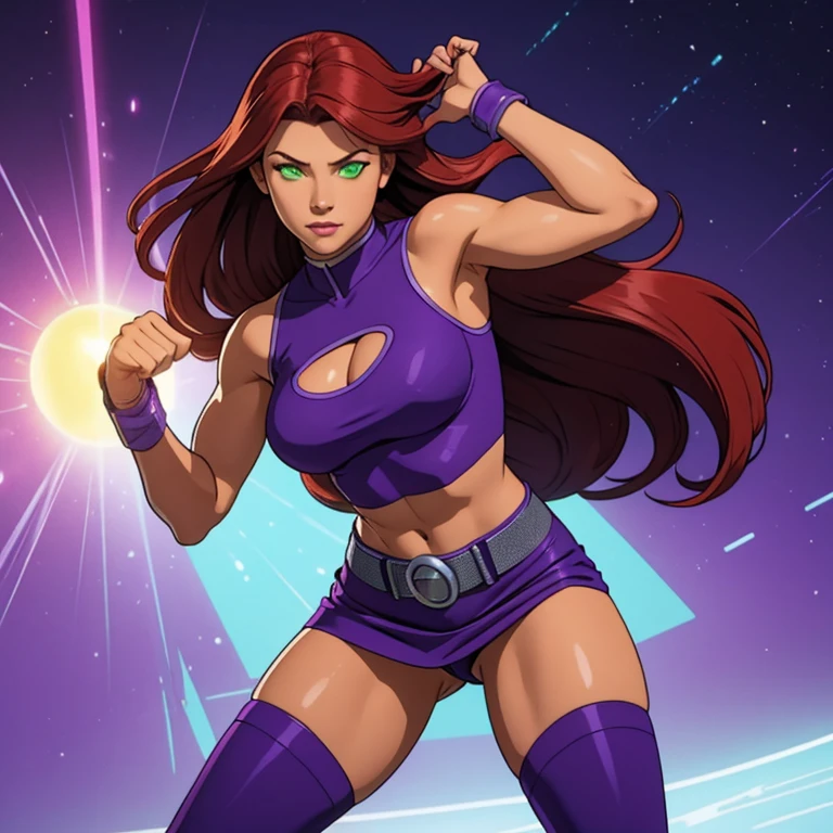 Photorealistic, Ultra realistic, 16k, high quality, cinematic lights, dream atmosphere, dream aesthetic, 1girl, red-scarlet hair, (realistic silky hair), StarfireDC, glowing green eyes (shining), long flowing hair(red), tanned skin illuminated, realistic textured skin, realistic shading, glowing eyes tan skin, cleavage, large natural breasts, (purple crop top:1.2), bare shoulders, midriff, purple miniskirt, purple thighhighs, realistic textures, belt, 16k resolution, detailed face and eyes, muscular female body, strong arms, lean belly, strong hips, muscular thighs, thick legs, full body, realistic, flying through the air, glowing balls of energy in her hands, style-paintmagic, different positions at different types of angles.