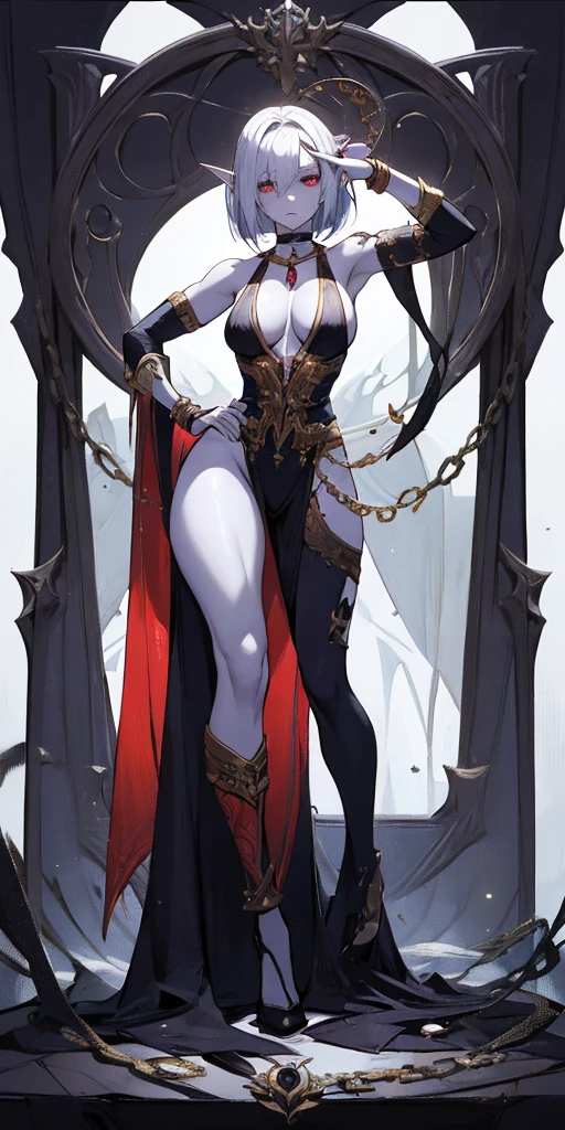 Organized Description
Subject
Female drow elf: Elven character with dark skin
Muscular physique: Strong and toned body
Physical Appearance
White short bob hair: Contrasting with skin tone
Purple-grey skin: Uncommon and striking skin color
Red eyes: Intense and captivating gaze
Muscular legs: Strong and defined lower body
Leather corset and collar choker: Edgy and dominant attire
Golden neck bell: Ornamental and intriguing accessory
Shackles, wristbands, bracers, bracelets, sleeves: Layered and decorative elements
Micro bikini: Revealing and provocative clothing
Pose and Composition
Symmetrical: Balanced and harmonious posture full body
Both hands on hips: Confident and assertive stance
Wide hips: Emphasized feminine curves
View from below: Creates a powerful and dominant perspective
Background and Style
Grey plain background: Focuses attention on the subject
Masterpiece quality: High level of detail and artistry