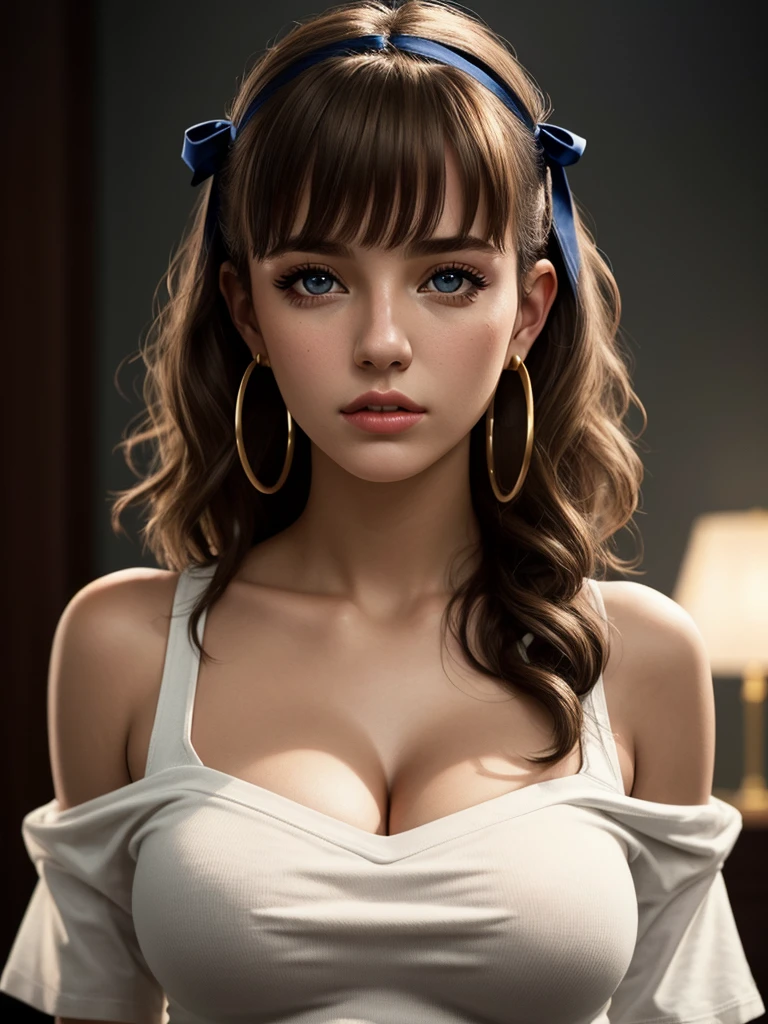 illustration, style of Philip Lorca diCorcia, cinematic film still portrait of young girl aged 18 yrs old, 1girl, solo, Instagram model, athletic figure, deep cleavage, modest bust size, pretty face, wearing an off the shoulder white T-shirt, wearing jean shorts, light brown hair, short curly hair, crossed bangs, brown eyes, constricted pupils, hair ribbon, hoop earrings, cinematic lighting, Ultra-Wide Angle, Canon, Hyperrealism, UHD, masterpiece, textured skin, high details, best quality, detailed eyes, detailed iris, close up view full body photo