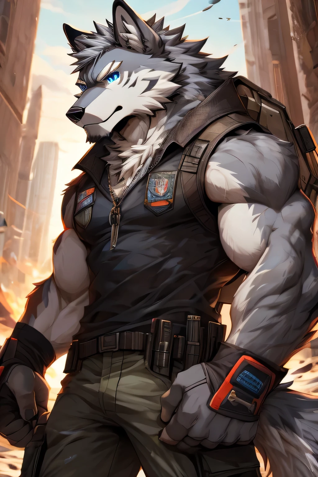 masterpiece, Pose genial, furry gray wolf, medium strong body, blue eyes, Medium Gray Hair, Combat Tank Top, combat gloves, combat pants, feroz, good looking