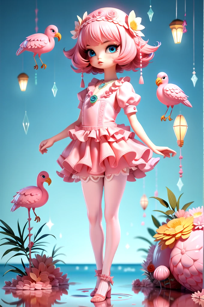 LU,1girl,pink hair,blue eyes,flower,solo,dress,short hair,necklace,jewelry,rose,standing,pantyhose,full body,bird,feathers,
