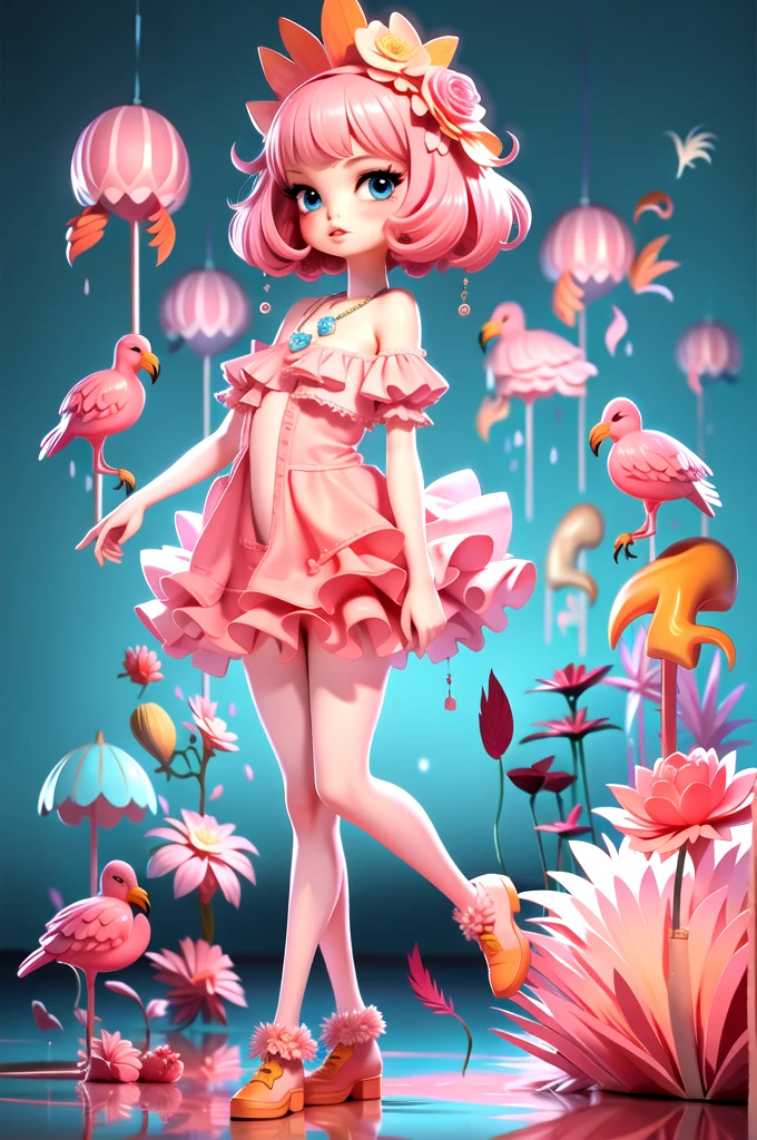 LU,1girl,pink hair,blue eyes,flower,solo,dress,short hair,necklace,jewelry,rose,standing,pantyhose,full body,bird,feathers,