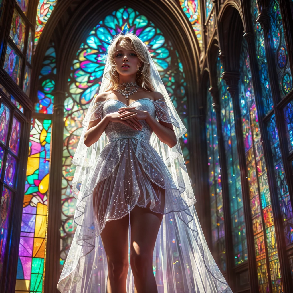 (Cathedral from below:1.28) (ZoomLayer) TopQuality 8K masterpiece of ((Professional photo)), (((Clarisse de Cagliostro))) (Detailed White WeddingDresses), Chain, (((Extremely detailed KAWAII face))) {((VeiledFace))|BlondeHair|(Elaborate BuleEyes)with(SparklingHighlights:1.28)}, The background is distant (((Elaborate stained glass))) Rainbow Glass, {(MysticSight)|EnchantingAtmosphere|Haze|(GodRays)|TyndallEffect}, Radiant PearlSkin with Transparency, (Exposed:0.39)