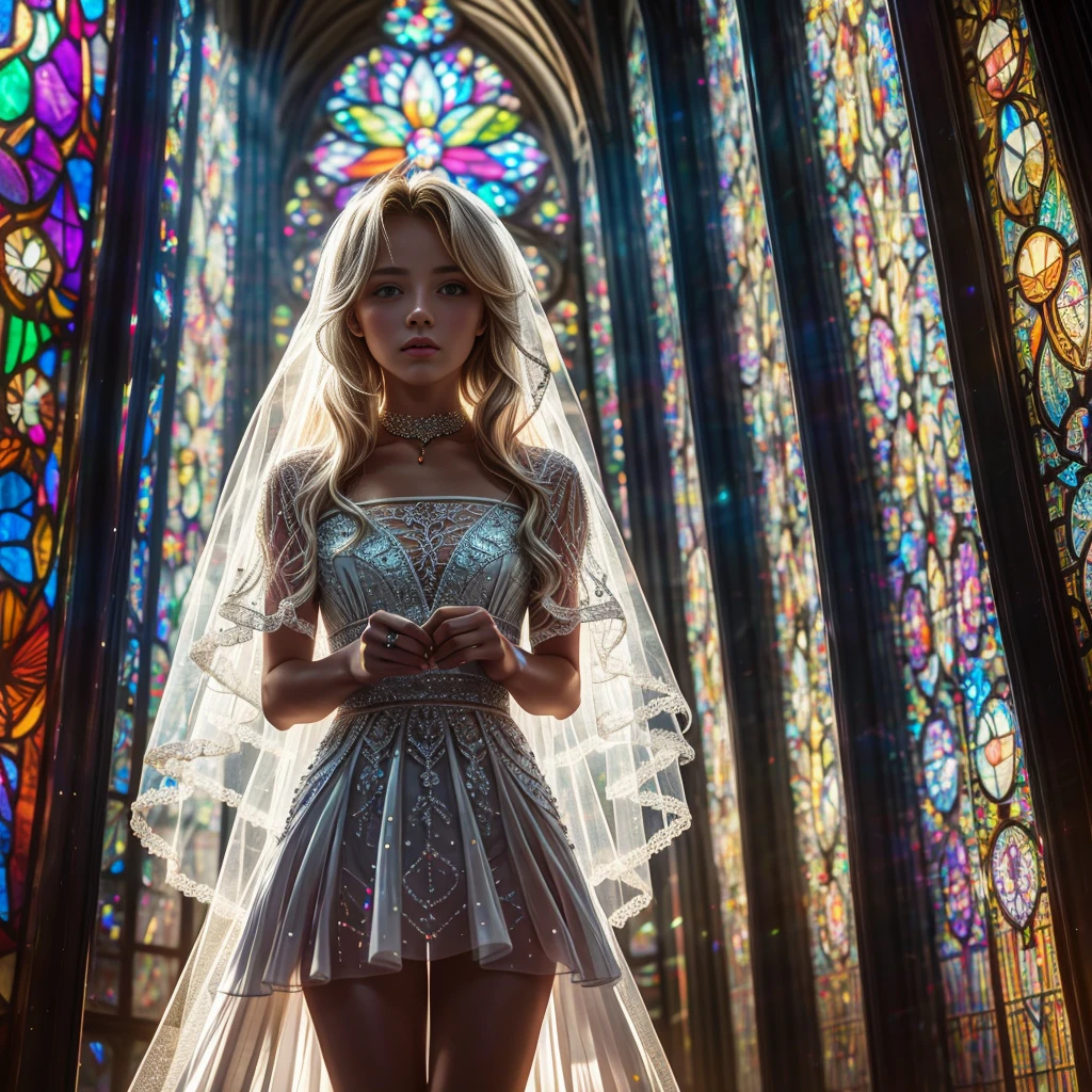 (Cathedral from below:1.28) (ZoomLayer) TopQuality 8K masterpiece of ((Professional photo)), (((Clarisse de Cagliostro))) (Detailed White WeddingDresses), Chain, (((Extremely detailed KAWAII face))) {((VeiledFace))|BlondeHair|(Elaborate BuleEyes)with(SparklingHighlights:1.28)}, The background is distant (((Elaborate stained glass))) Rainbow Glass, {(MysticSight)|EnchantingAtmosphere|Haze|(GodRays)|TyndallEffect}, Radiant PearlSkin with Transparency, (Exposed:0.39)