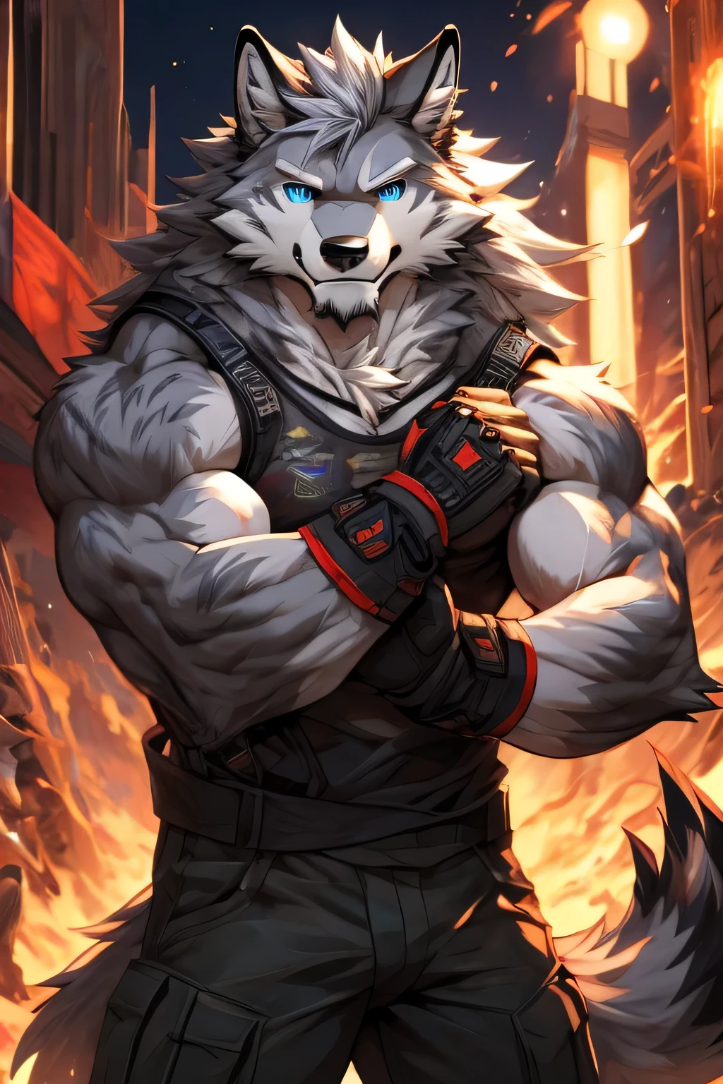 masterpiece, Pose genial, furry gray wolf, medium strong body, blue eyes, Medium Gray Hair, Combat Tank Top, combat gloves, combat pants, feroz, good looking