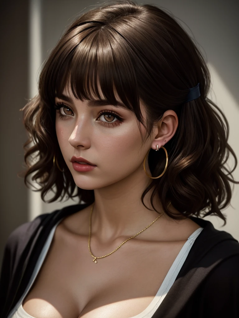 illustration, style of Philip Lorca diCorcia, cinematic film still portrait of young girl aged 18 yrs old, 1girl, solo, Instagram model, athletic figure, deep cleavage, modest bust size, pretty face, wearing a black bathrobe, light brown hair, short curly hair, crossed bangs, brown eyes, constricted pupils, hair ribbon, hoop earrings, cinematic lighting, Ultra-Wide Angle, Canon, Hyperrealism, UHD, masterpiece, textured skin, high details, best quality, detailed eyes, detailed iris, close up view