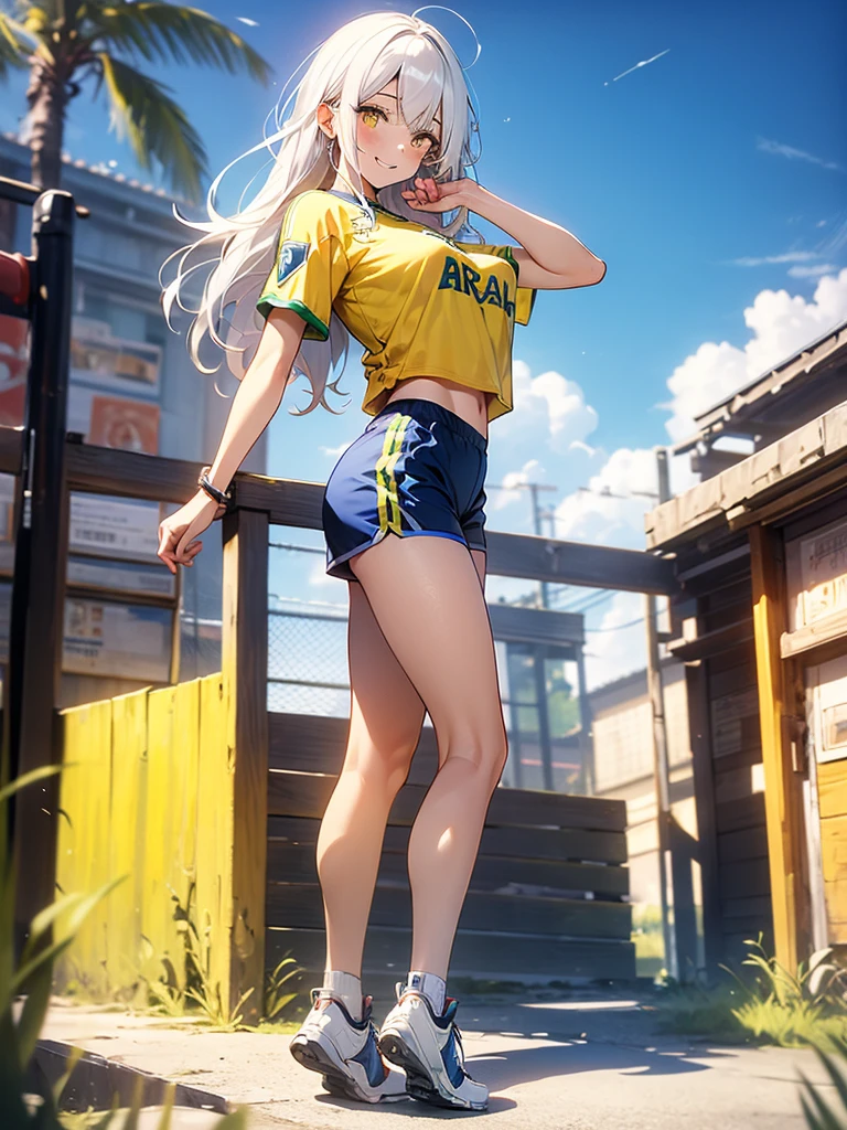 Girl, Solo, Full Body, Long hair, White hair, Yellow Eyes, Happy face, Breasts, Big Breasts, Large Breasts, Big Butt, Yellow t-shirt, Brasil shirt, Soccer shirt, Shorts, mini Shorts, Dark BLUE Shorts