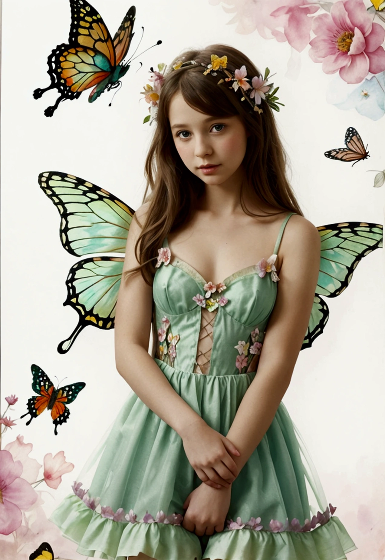 A beautiful girl dressed as a fairy., surrounded by flowers and butterflies. content: watercolor painting. style: capricious and delicate, like a children's book illustration.
