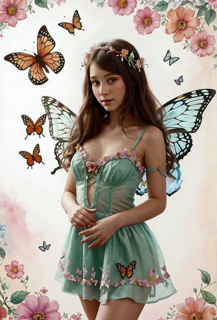 A beautiful girl dressed as a fairy., surrounded by flowers and butterflies. content: watercolor painting. style: capricious and delicate, like a children&#39;s book illustration.