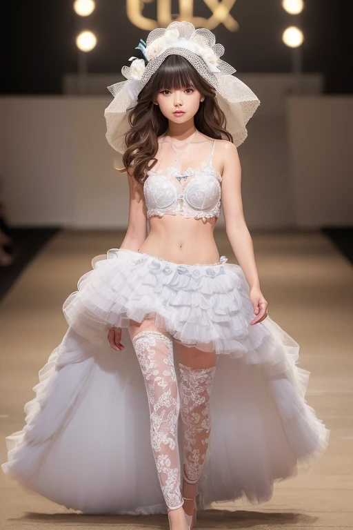 (((Best quality))), ((Ultra-detailed)), ((illustration)), ((Disheveled hair)), ((frilld)), (1 girl),(solo),,(Walk the catwalk:1.4)，Wedding model