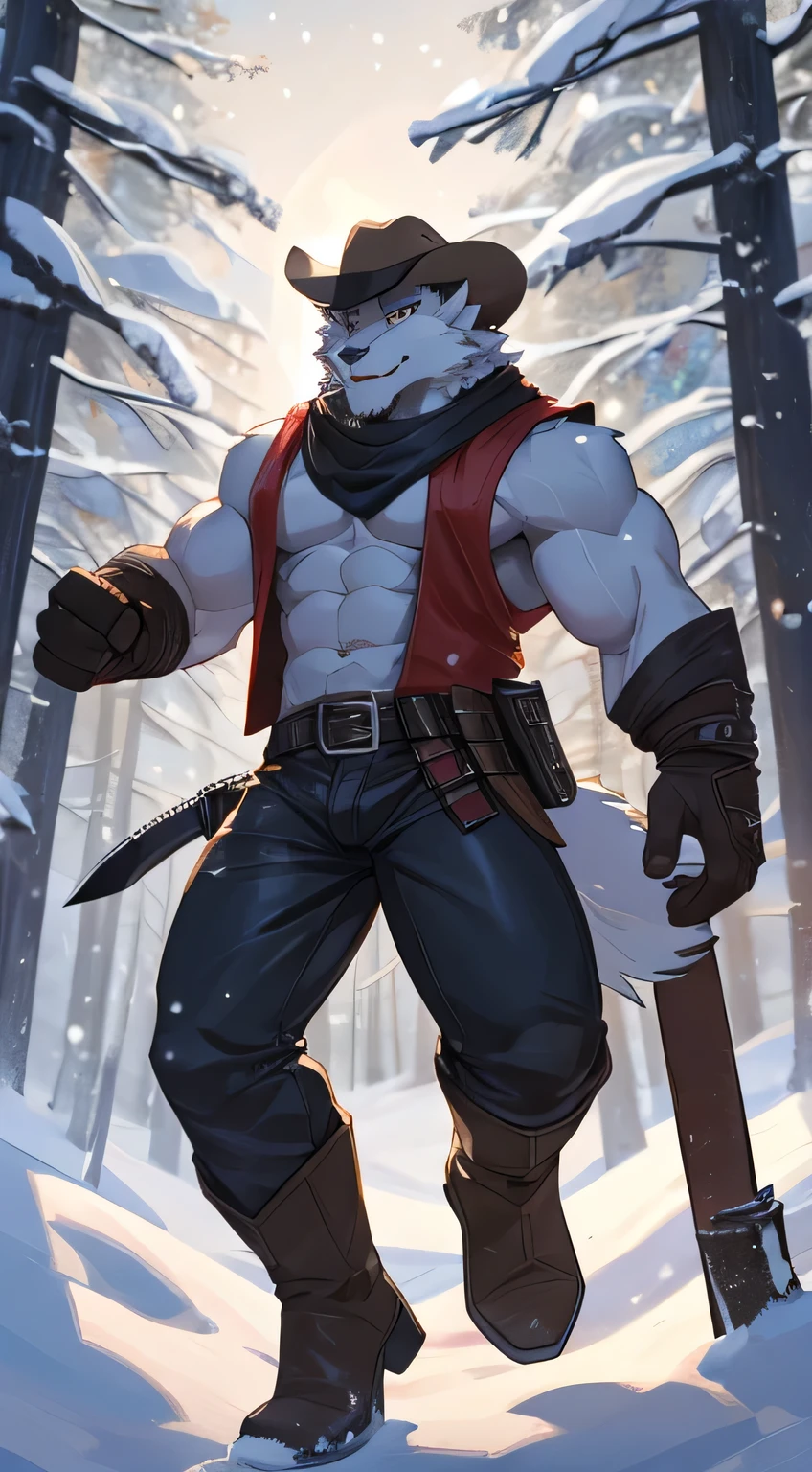 furry white werewolf boy, big muscular, cowboy hat, harress panty tanks, leather glove for arms and hands, leather legs and ninja boots and leather pants, a ninja knife, evening, snow, forest, behind the light, jump down, cheered up, 4k