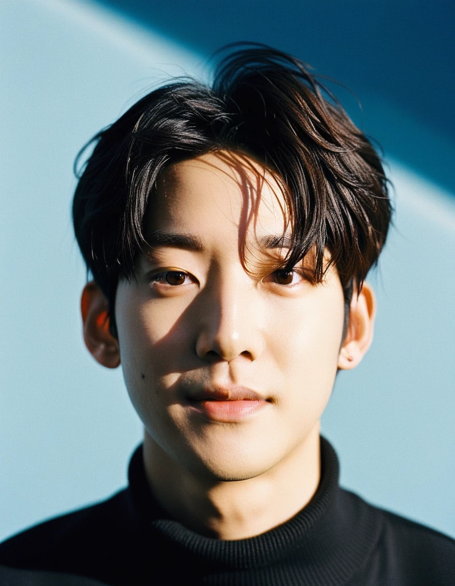 A close up photo of a gorgeous young French-Japanese man, handsome K-pop idols face, from side, still from the film, ((solo)), (Song Joong Ki look alike face: 0.7), He is 27 years old, 176 cm tall, smiling, crew cut hair in black. He has droopy brown eyes, droopy wavy nose,direct gaze,black turtleneck,shadow on face,neutral expression,studio lighting,blue background,high-resolution image,minimalistic,young adult,clean-shaven,headshot,symmetrical composition,serious mood,professional photography,dark color palette, Leica SL3, Summicron-SL 75 f/2 ASPH, kodak gold 200 film,