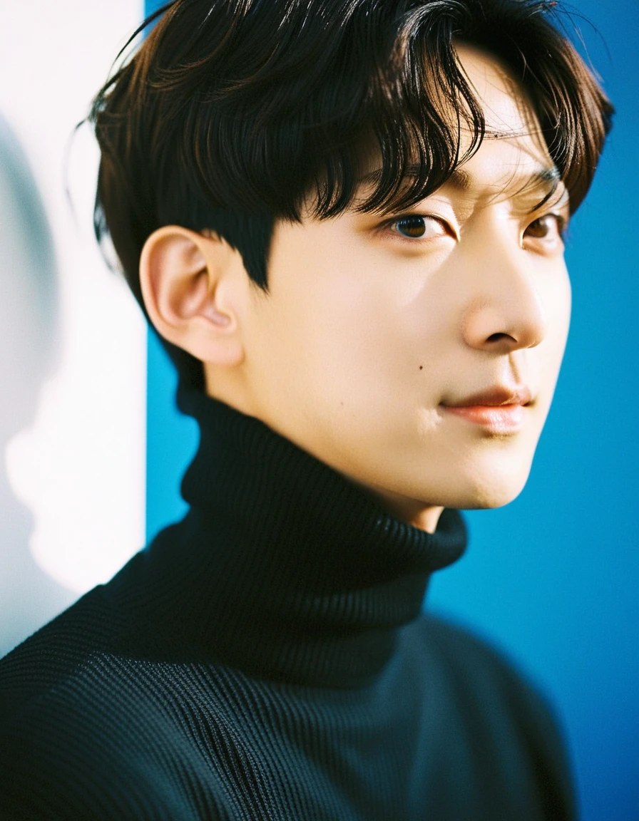 A close up photo of a gorgeous young French-Japanese man, handsome K-pop idols face, from side, still from the film, ((solo)), (Song Joong Ki look alike face: 0.7), He is 27 years old, 176 cm tall, smiling, crew cut hair in black. He has droopy brown eyes, droopy wavy nose,direct gaze,black turtleneck,shadow on face,neutral expression,studio lighting,blue background,high-resolution image,minimalistic,young adult,clean-shaven,headshot,symmetrical composition,serious mood,professional photography,dark color palette, Leica SL3, Summicron-SL 75 f/2 ASPH, kodak gold 200 film,