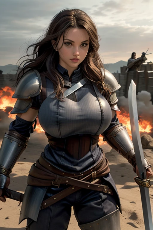 voluminous hair, big hair, big breasts, swordswoman,(fully clothed skintight), (black armor), woman , standing in an open battlefield holding sword, muscle