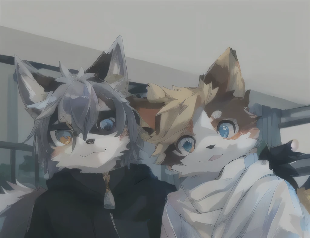 They dress up as animals and people, Nicholas and Sakimchan, Furry anime, Furry Convention, Kaimonomimi, fur garment, with kitsune mask, Medium shot of two characters, Ferson, Ferson!!!!, Furry lens, There are two characters, Shot with Canon EOS R 6, furry fandom, furry Ferson, Furry Characters，Golden Eyes，cute
