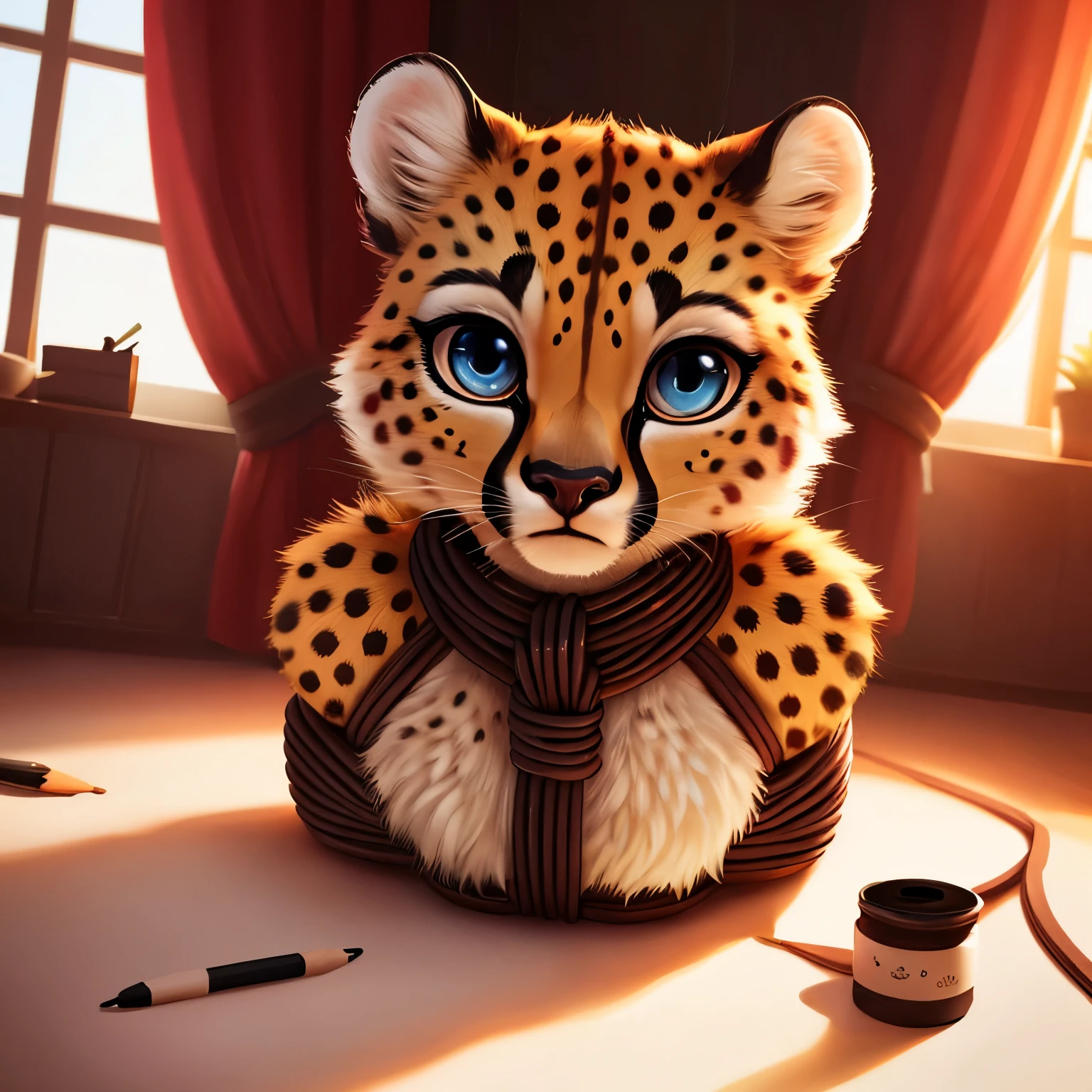 high quality, digital art, drawing, HD 4k, dreamlikeart, lens flare, cheetah, full body, looking at viewer, animal focus, furry,  female, cute, kawaii, lovely, fur, fur head, narrow waist, animal ears, paw, ((bondage)), (((Tied up)))