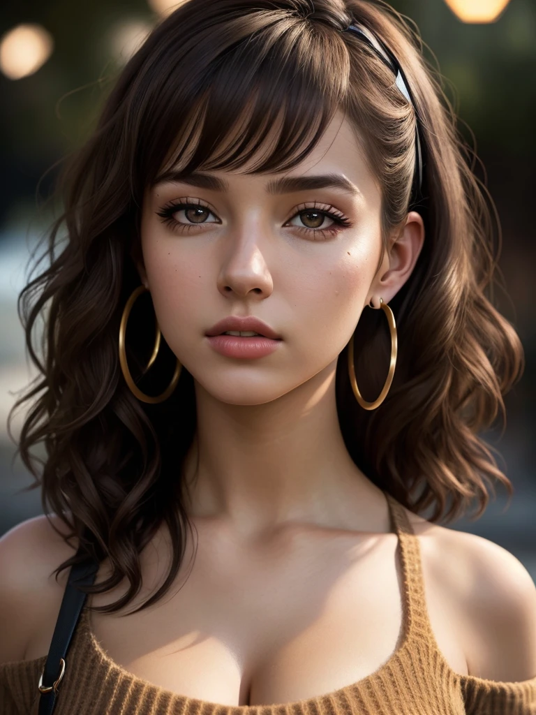 illustration, style of Philip Lorca diCorcia, cinematic film still portrait of young girl aged 18 yrs old, 1girl, solo, Instagram model, athletic figure, deep cleavage, modest bust size, cute face, wearing an off the shoulder brown sweater, wearing jean shorts, light brown hair, short curly hair, crossed bangs, brown eyes, constricted pupils, hair ribbon, hoop earrings, cinematic lighting, Ultra-Wide Angle, Canon, Hyperrealism, UHD, masterpiece, textured skin, high details, best quality, detailed eyes, detailed iris, close up view