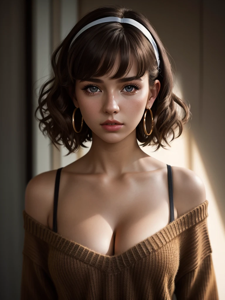 illustration, style of Philip Lorca diCorcia, cinematic film still portrait of young girl aged 18 yrs old, 1girl, solo, Instagram model, athletic figure, deep cleavage, modest bust size, cute face, wearing an off the shoulder brown sweater, wearing jean shorts, light brown hair, short curly hair, crossed bangs, brown eyes, constricted pupils, hair ribbon, hoop earrings, cinematic lighting, Ultra-Wide Angle, Canon, Hyperrealism, UHD, masterpiece, textured skin, high details, best quality, detailed eyes, detailed iris, close up view