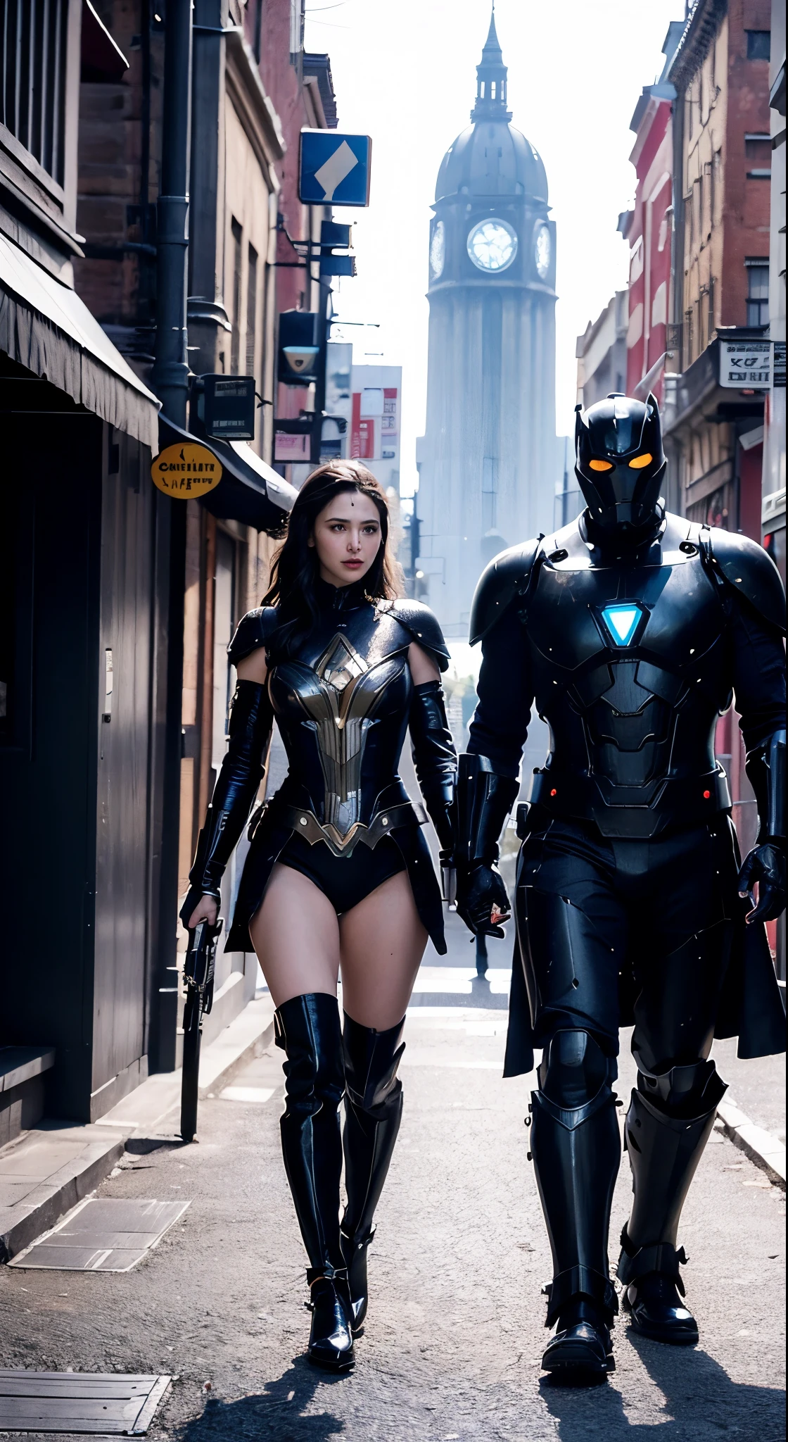 with high definition images，Gal Gadot stills、Superwoman、Black Widow，Film Stills、Burning city setting、rorschach、the avengers(2023)　Full body high quality images，Facial details