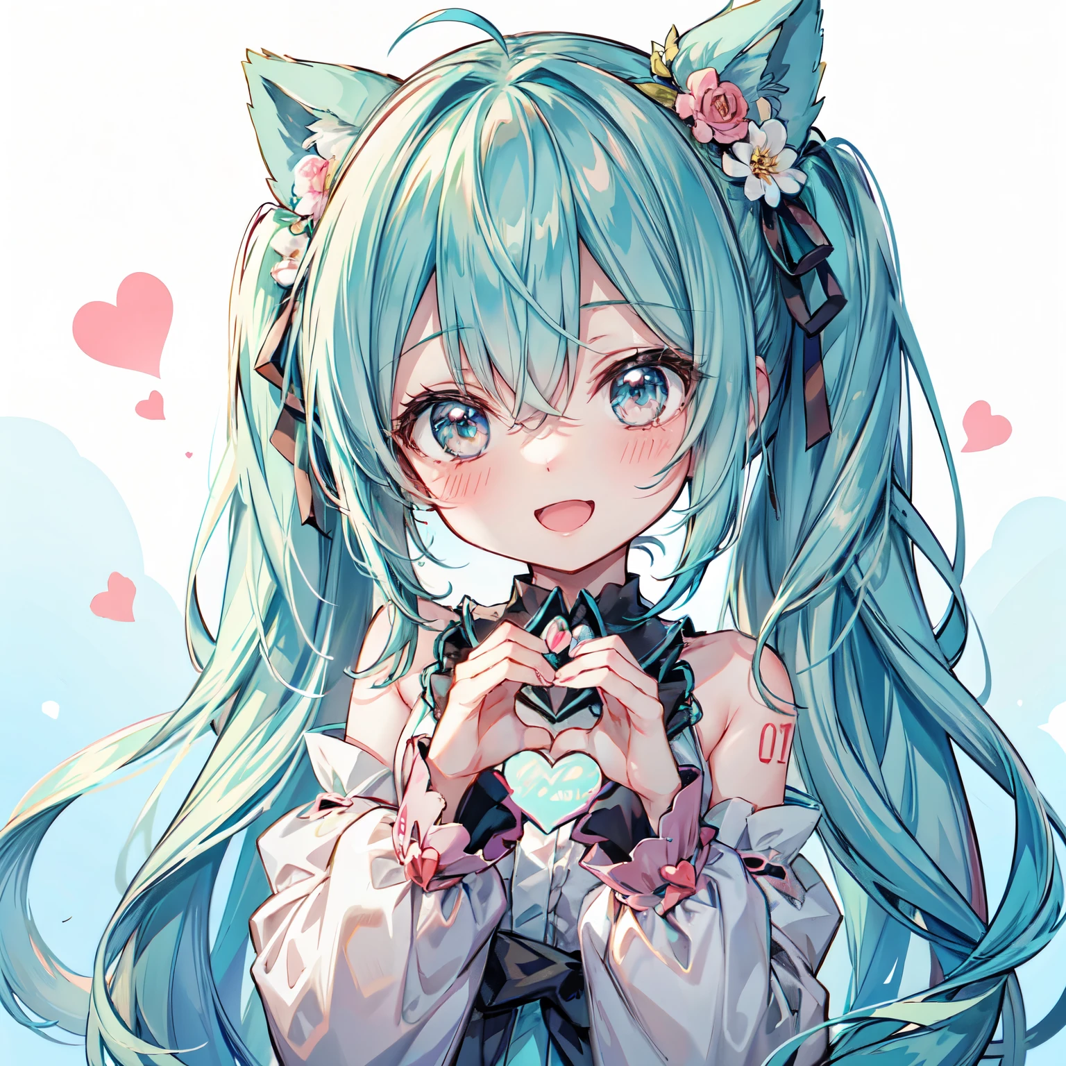 Hatsune Miku、Cute Smile、Open your mouth、Chibi Character、Highest quality、Making a heart with hands、blush