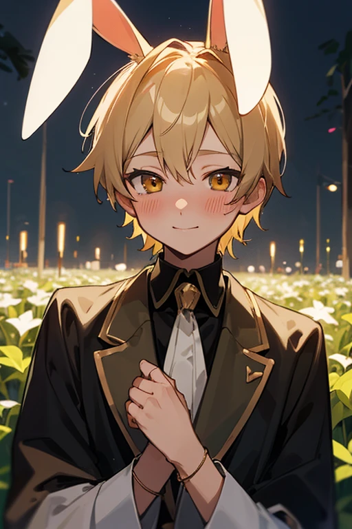 Highest quality, expensive_solve, clear_image, 2D Background ,10 year old boy, Upper Body,smile,garden,night,Bunny ears,Golden Eyes,Blushing,Illustration, Anime Style,