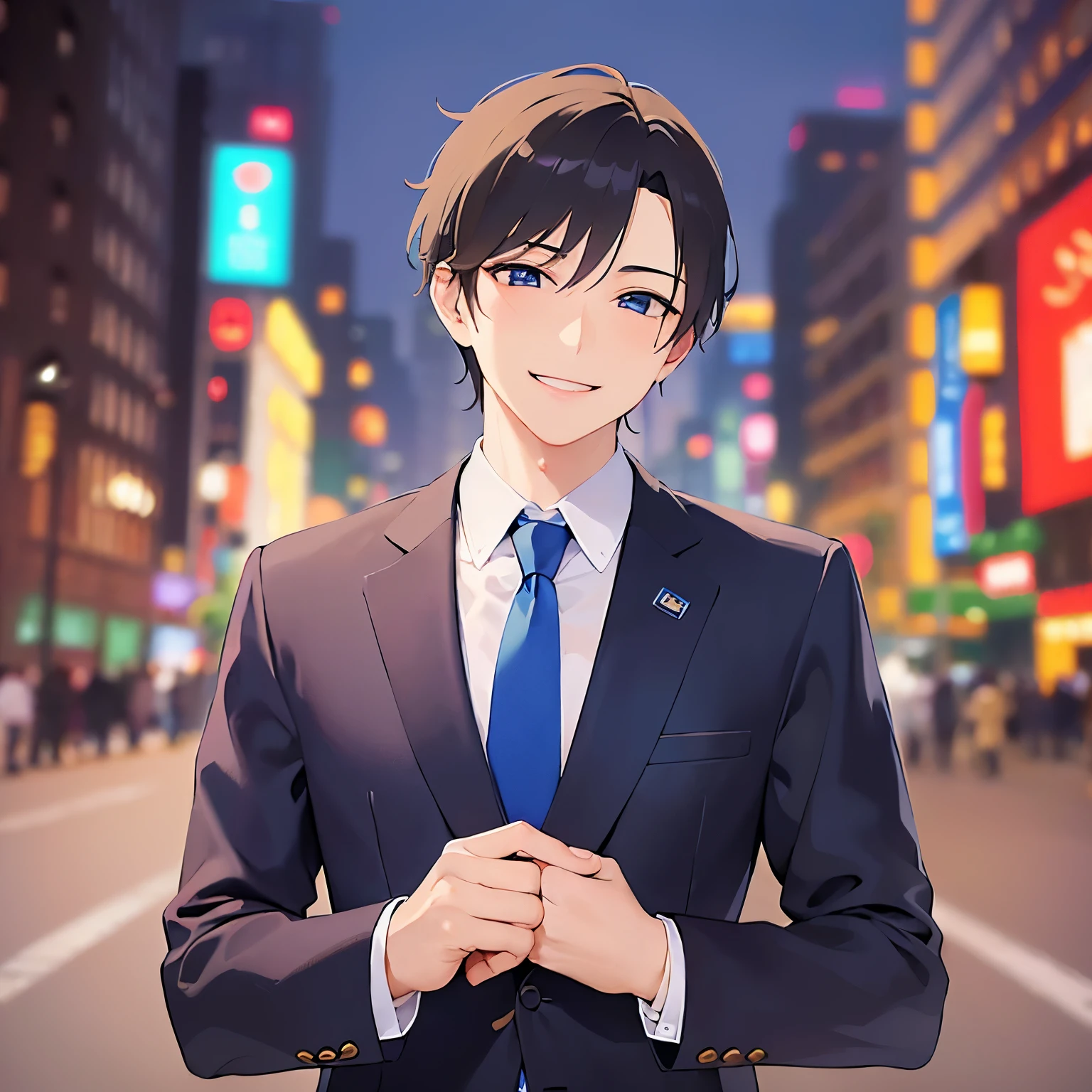 masterpiece、Highest quality、head tilt,
(25-year-old male:1.5) and(Black short hair) and (blue eyes),
(suit:1.5) and (Blue tie)(suit:1.5) and (Blue tie)、
blush,(smile:1.5),The background is the city at night