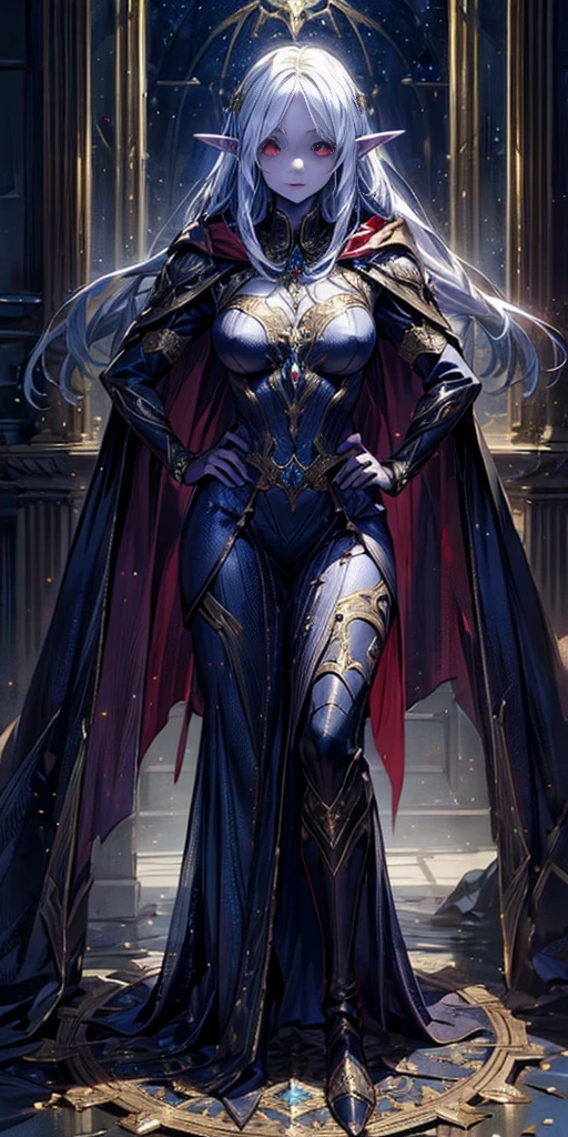 masterpiece, best quality, high quality, drow elf, long hair, pale hair, red eyes, purple skin, deep blue cape with golden ornaments (1solofemale full body standing straight symmetrical, hands on hips)
