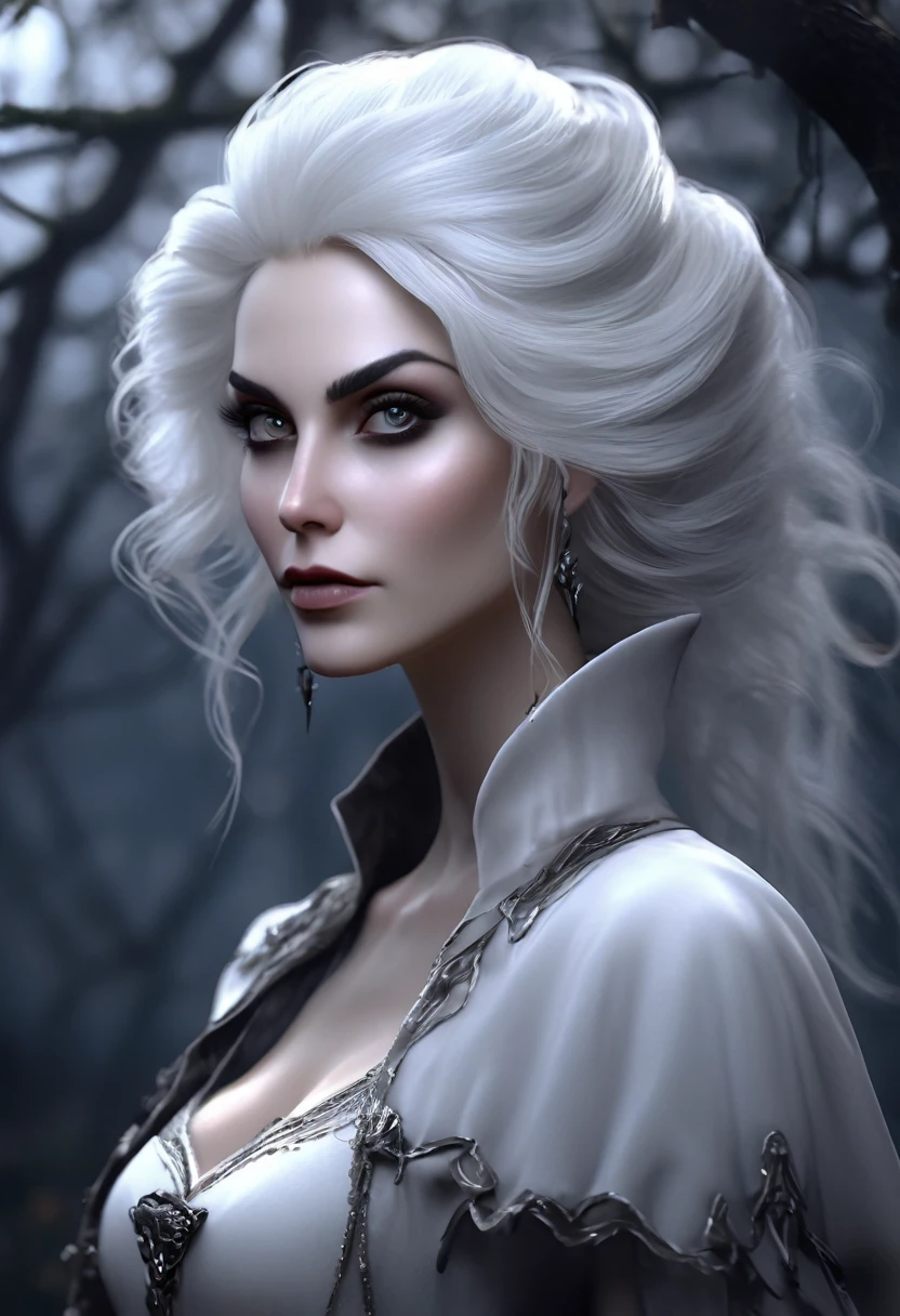 a beautiful woman, 30 years old, caucasian, grey eyes, white hair, witch, white clothing with bone details, sharp bones around, dark forest background, (best quality,4k,8k,highres,masterpiece:1.2),ultra-detailed,(realistic,photorealistic,photo-realistic:1.37),intricate details,chiaroscuro lighting,moody atmosphere,dramatic lighting,dark fantasy,gothic,occult