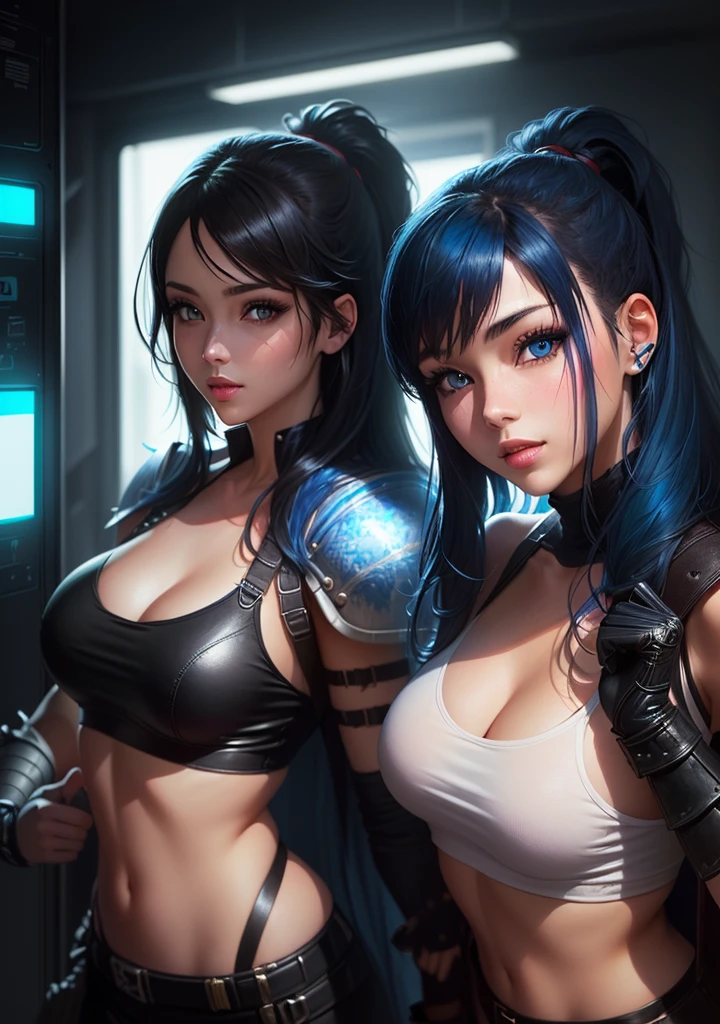 a woman in armor, knight female, girl in knight armor, female knight, gorgeous female paladin, blone haired paladin, And a woman in a black leather outfit with blue hair and blue eyes, seductive tifa lockhart jet black haired cyberpunk girl.