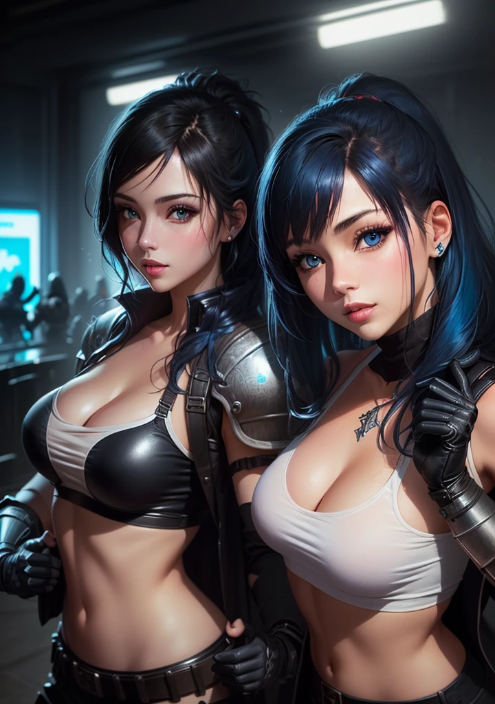 a woman in armor, knight female, girl in knight armor, female knight, gorgeous female paladin, blone haired paladin, And a woman in a black leather outfit with blue hair and blue eyes, seductive tifa lockhart jet black haired cyberpunk girl.