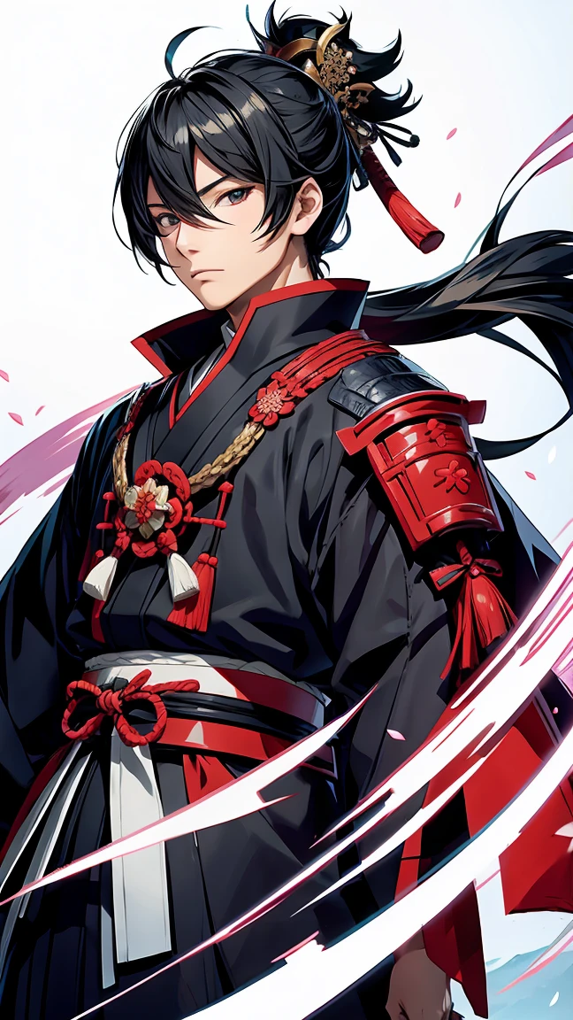 Beautiful samurai illustration、Ranmaru Mori's Imagination。Wearing traditional Japanese armor、Accentuate your beautiful features。The background is a castle from the Sengoku period。