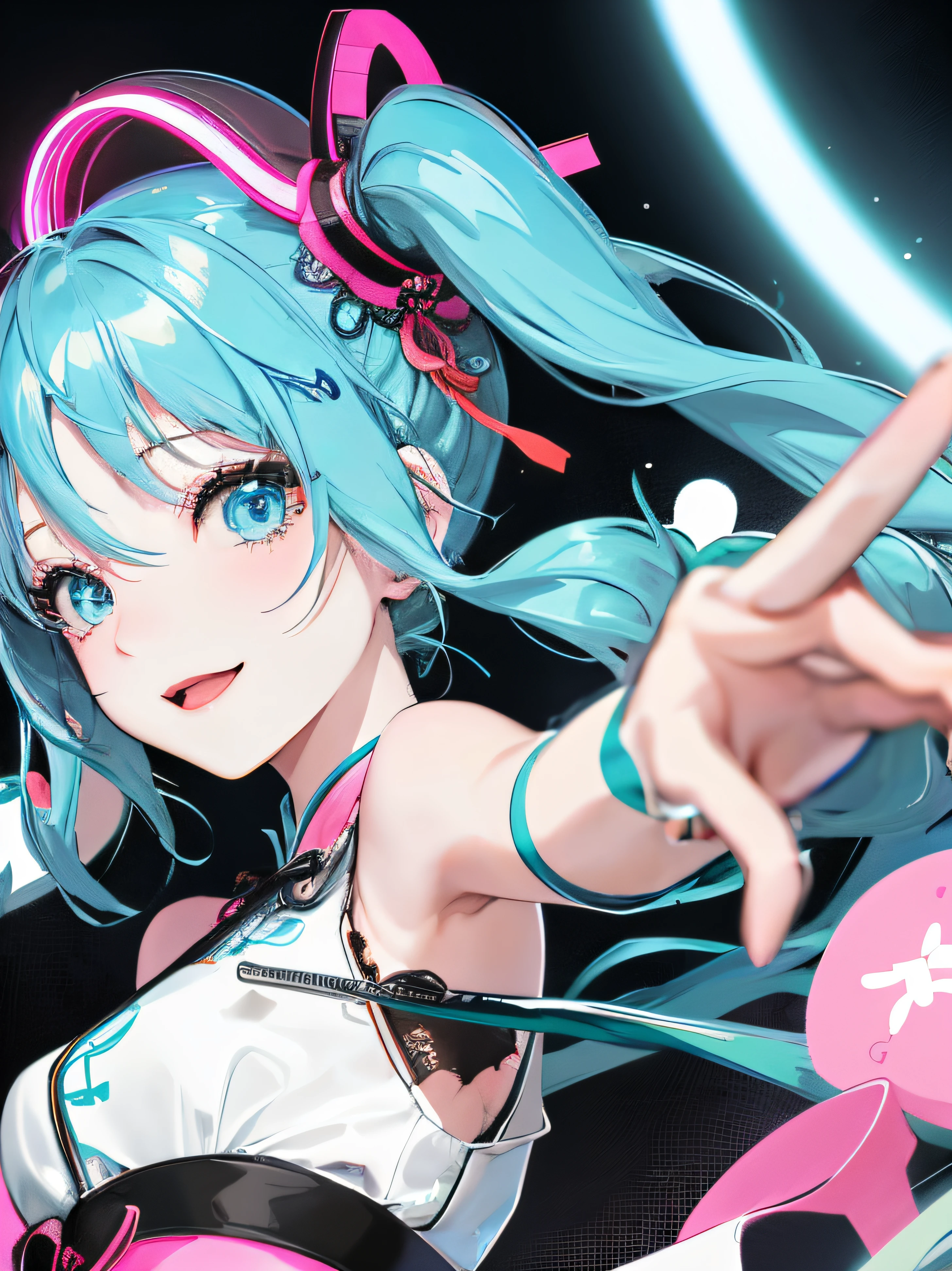 One Girl、miku hatsune、Blue Hair、Hair length、Updo、Chinese clothing、ta Fashion、smile、Neon Signs、Singing Girl、Wink