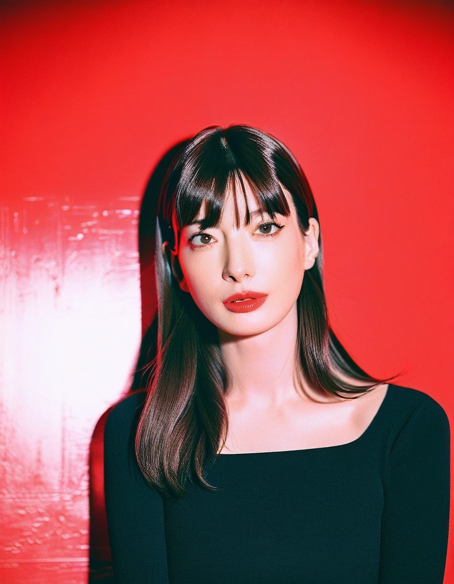 Beautiful Japanese woman,(Anne Hathaway look like:0.7),portrait,red background,black long-sleeve top,dark hair,bangs,red lipstick,makeup,young adult,looking at camera,moody lighting,warm color tone,elegant,fashion photography,vibrant color,soft focus,stylized,