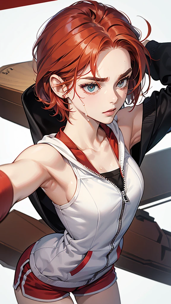 {{Dynamic configuration}},{{masterpiece}}, {{{Highest quality}}},{{Very detailed}},{{Reddening with anger}},{{V-shaped eyebrows}},{{shape}},{{expensive}},{{Adult woman sweating with fatigue}},{{Flared Shorts}},{{White sleeveless zip hoodie with an open neckline}} Red Hair Bob Small breasts expensive The body is slim Thin legs Turf ground clavicle Décolletage Wristband Forward bendingみ Forward bending