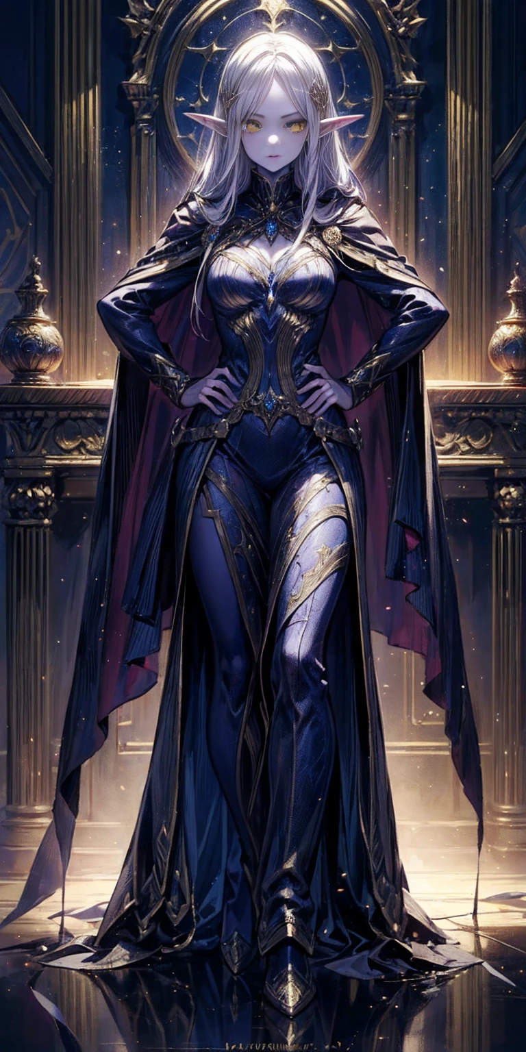 masterpiece, best quality, high quality, Erwin, elf, long hair, pale hair, yellow eyes, purple skin, deep blue cape with golden ornaments (1solofemale full body standing straight symmetrical, hands on hips)