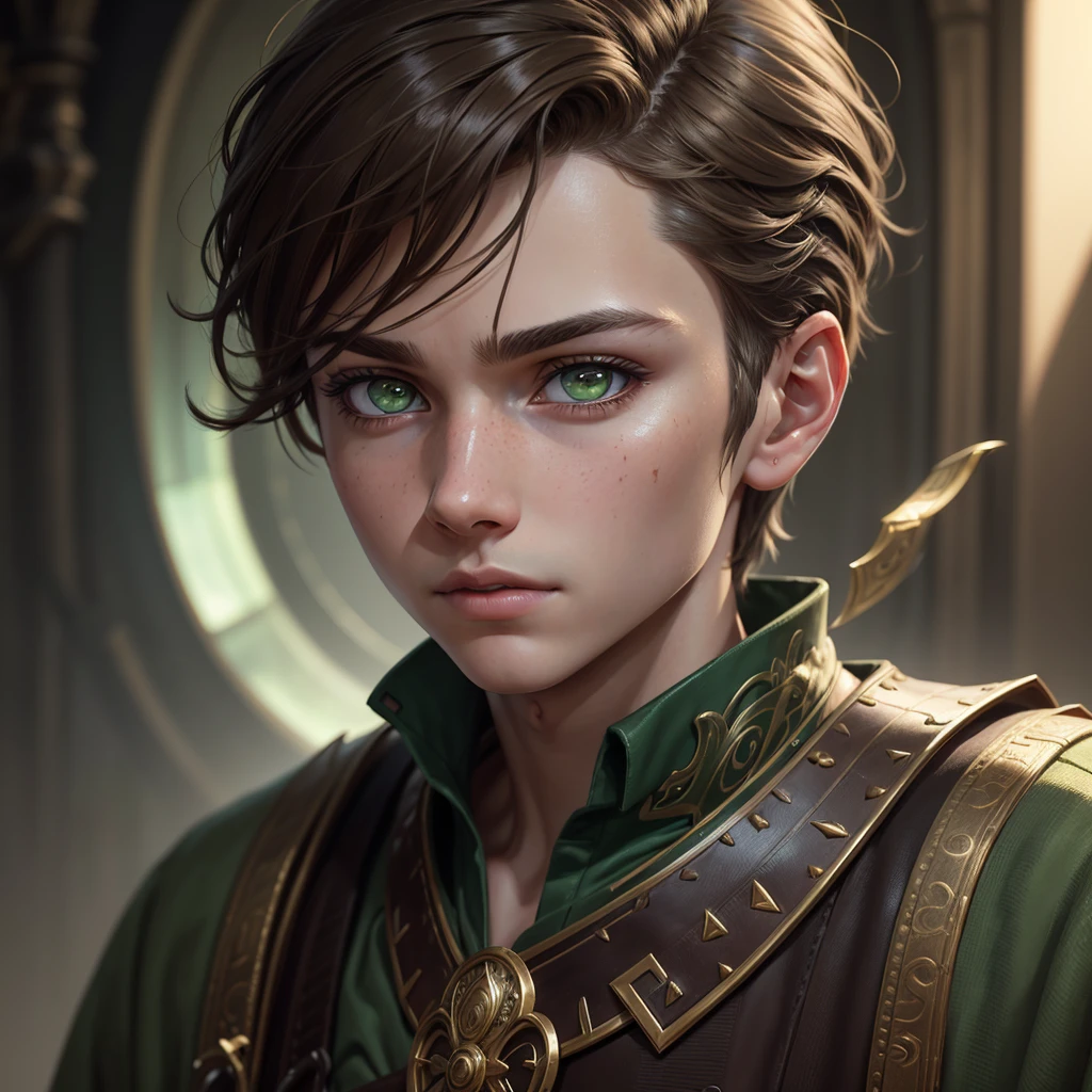 a boy with green eyes and brown hair, being a normal aestetic boy, detailed portrait, hyper realistic, cinematic lighting, 8k, photorealistic, intricate details, sharp focus, realistic skin texture, expressive eyes, beautiful detailed face, beautiful detailed lips, extremely detailed eyes and face, long eyelashes, high quality, masterpiece, digital painting, concept art
