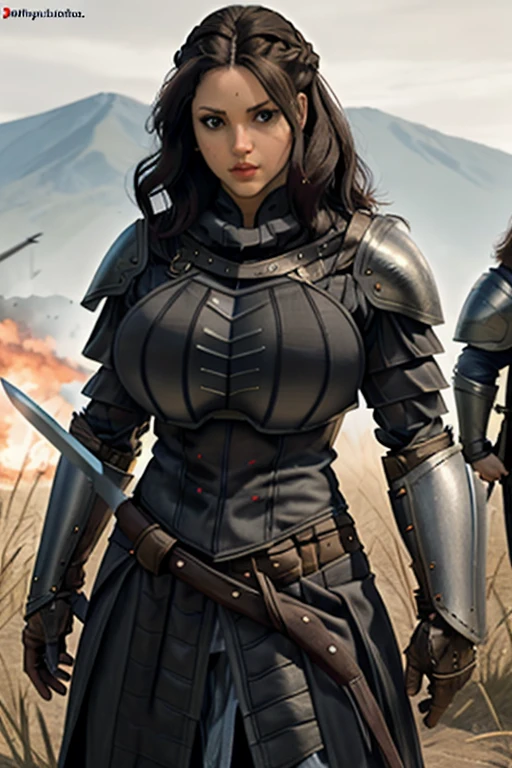 voluminous hair, big hair, big breasts, swordswoman,(fully clothed skintight), (black armor), woman , standing in an open battlefield holding sword, muscle