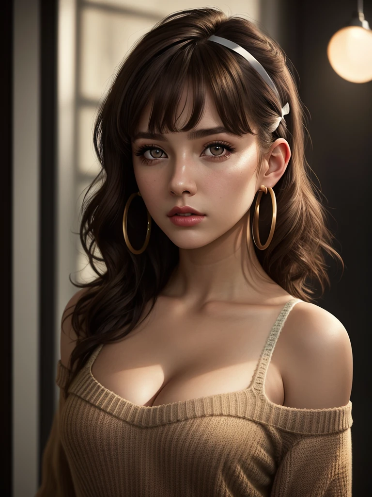 illustration, style of Philip Lorca diCorcia, cinematic film still portrait of young girl aged 18 yrs old, 1girl, solo, Instagram model, athletic figure, deep cleavage, modest bust size, pretty face, wearing an off the shoulder brown sweater, wearing jean shorts, light brown hair, short curly hair, crossed bangs, brown eyes, constricted pupils, hair ribbon, hoop earrings, cinematic lighting, Ultra-Wide Angle, Canon, Hyperrealism, UHD, masterpiece, textured skin, high details, best quality, detailed eyes, detailed iris, close up view