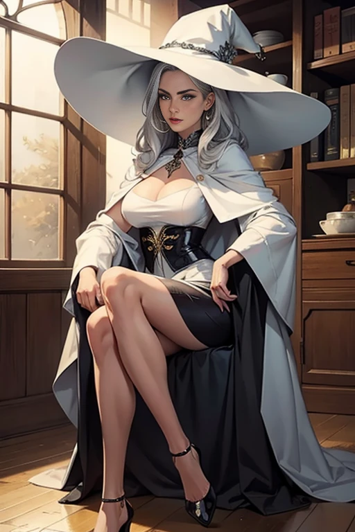 1 girl, mature woman, work of art, mistress, goddess,white witch hat,sitting down