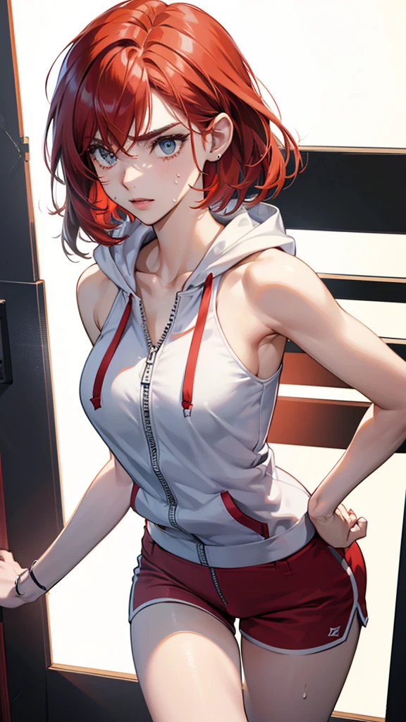 {{Dynamic configuration}},{{masterpiece}}, {{{Highest quality}}},{{Very detailed}},{{Reddening with anger}},{{V-shaped eyebrows}},{{shape}},{{expensive}},{{Adult woman sweating with fatigue}},{{Flared Shorts}},{{White sleeveless zip hoodie with an open neckline}} Red Hair Bob Small breasts expensive The body is slim Thin legs Grass playground clavicle Décolletage Wristband Forward bendingみ Forward bending Preparing for exercise